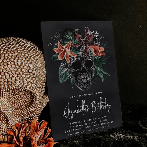 Tropical Floral Skull Halloween Birthday Party Invitation