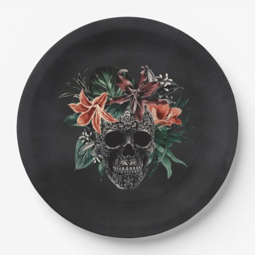 Tropical Floral Skull Halloween Paper Plates