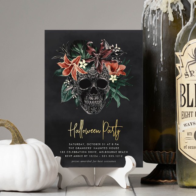Tropical Floral Skull Halloween Party Foil Invitation (Creator Uploaded)