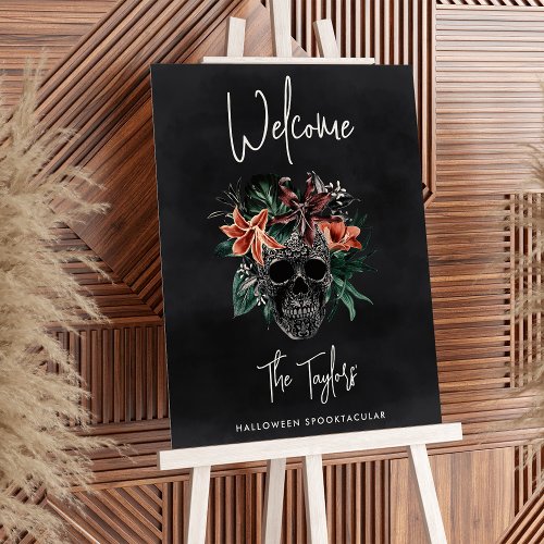 Tropical Floral Skull Halloween Party Welcome Sign
