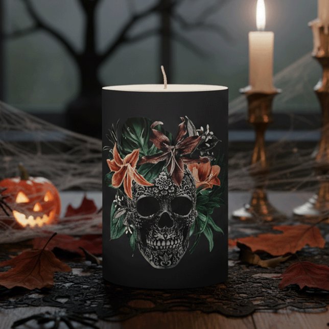 Tropical Floral Skull Halloween Pillar Candle (Creator Uploaded)
