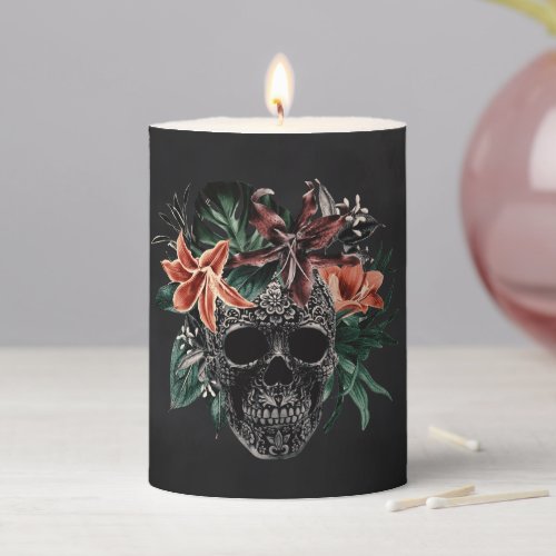 Tropical Floral Skull Halloween Pillar Candle