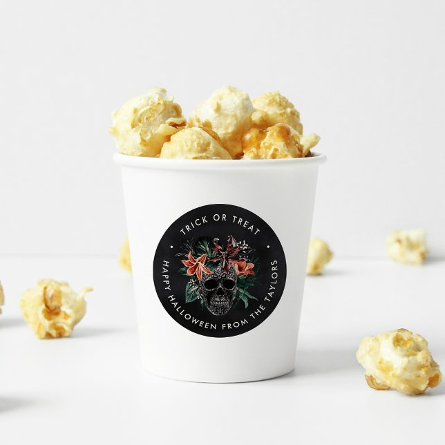 Tropical Floral Skull Halloween Trick or Treat Classic Round Sticker (Creator Uploaded)