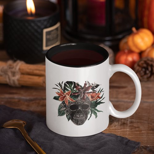 Tropical Floral Skull Halloween Two_Tone Coffee Mug