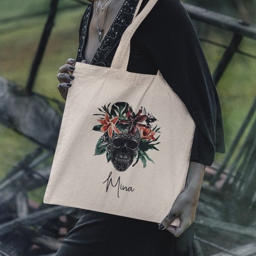 Tropical Floral Skull Personalized Halloween Tote Bag