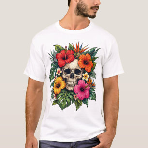 Tropical Floral Skull Vibrant Hawaiian Botanical  T-Shirt