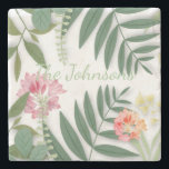 Tropical Floral Stone Coaster<br><div class="desc">Tropical flowers,  fronds and leaves framing your personalized text. 

Customize as you wish.</div>