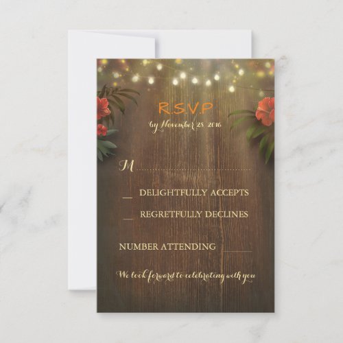 Tropical Floral String Lights Wedding RSVP Cards - String lights, palm leaves and tropical flowers wedding response cards