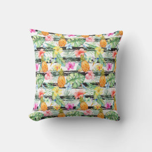 Tropical Floral Stripes Throw Pillow