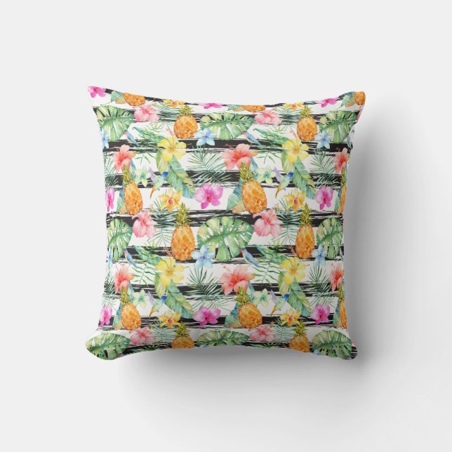 Tropical Floral Stripes Throw Pillow (Front)