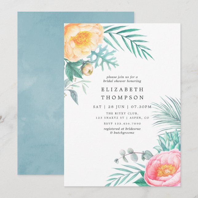 Tropical Floral Summer Bridal Shower Invitation (Front/Back)