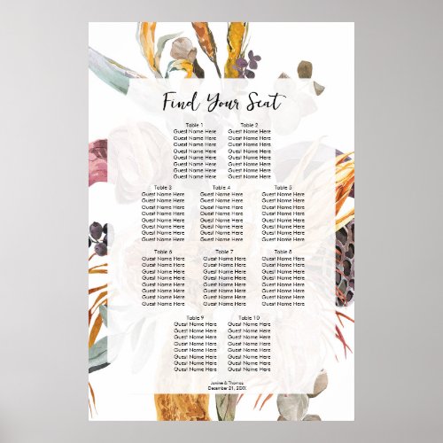 tropical floral summer wedding seating chart