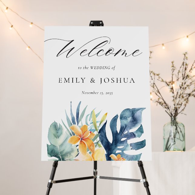 Tropical Floral Summer Wedding Welcome Sign (In Situ (Stand))