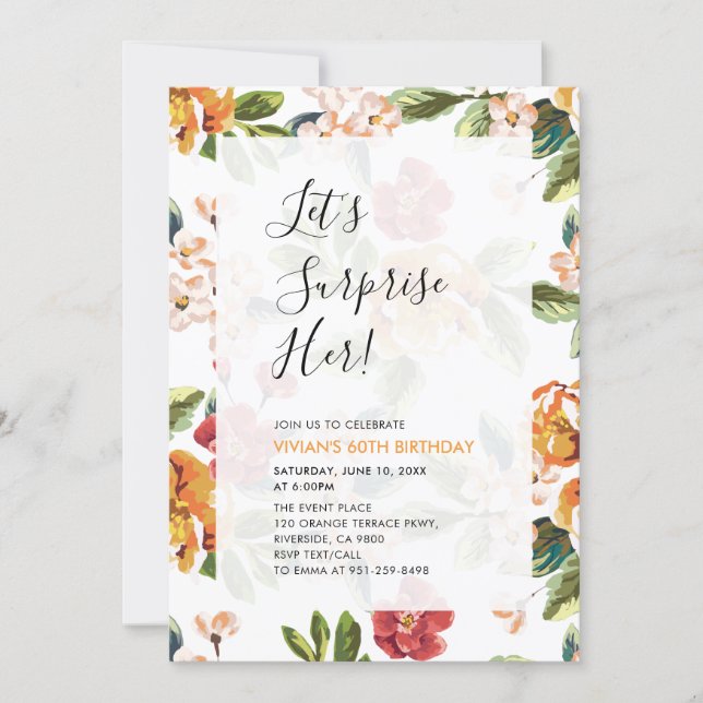 Tropical Floral Surprise Adult 60th Birthday Party Invitation (Front)
