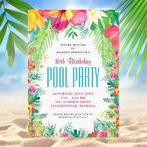 Tropical Floral Swimming Pool Party Birthday Invitation