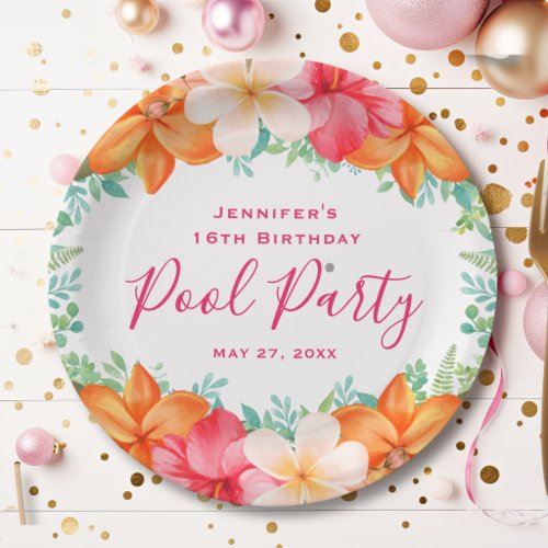 Tropical Floral Swimming Pool Party Birthday Paper Plates