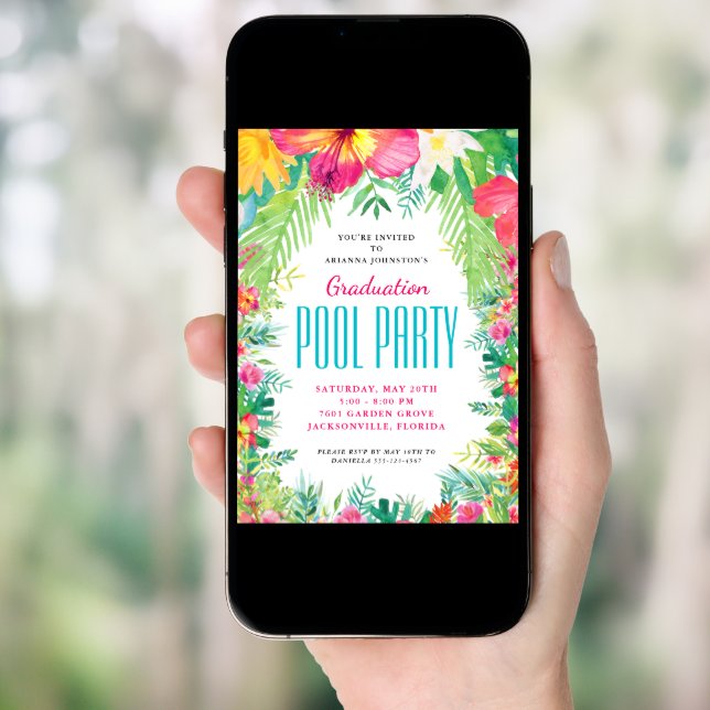 Tropical Floral Swimming Pool Party Graduation Invitation (Front Digital)