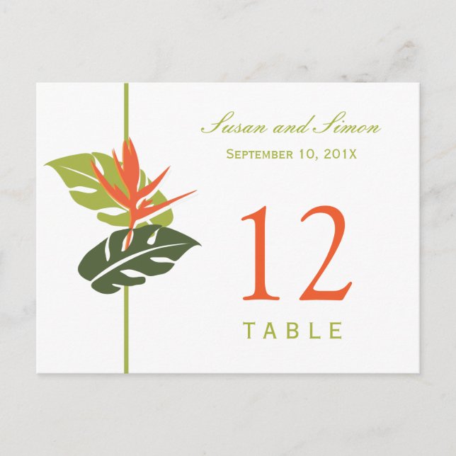 Tropical Floral Table Number Card | Green & Orange (Front)
