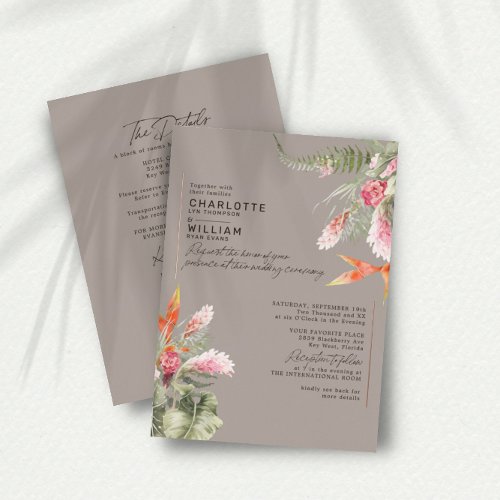 Tropical Floral Taupe RSVP QR Code Wedding Gold Foil Invitation