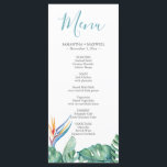 Tropical Floral Theme Wedding Menus Card<br><div class="desc">Set the tone for your rehearsal dinner, engagement party, or destination celebration with this elegant dinner menu card, designed to complement a tropical wedding theme. Featuring original watercolor artwork of monstera palm leaves and a vibrant bird of paradise flower, this minimalist design brings refined style to your beach wedding in...</div>