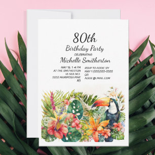 Tropical Floral Toucan 80th Birthday Invitation