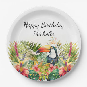 Tropical Floral Toucan Happy Birthday Name Paper Plates