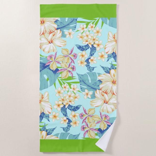 Tropical Floral w/Dark Green Border Beach Towel (Front)