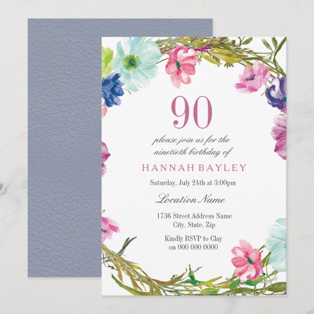 Tropical Floral Watercolor 90th Birthday Invite (Front/Back)