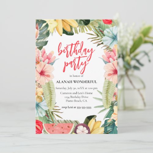 Tropical Floral Watercolor Birthday Party Invitation