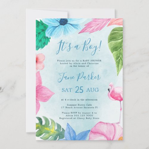 Tropical floral watercolor blue boy baby shower invitation