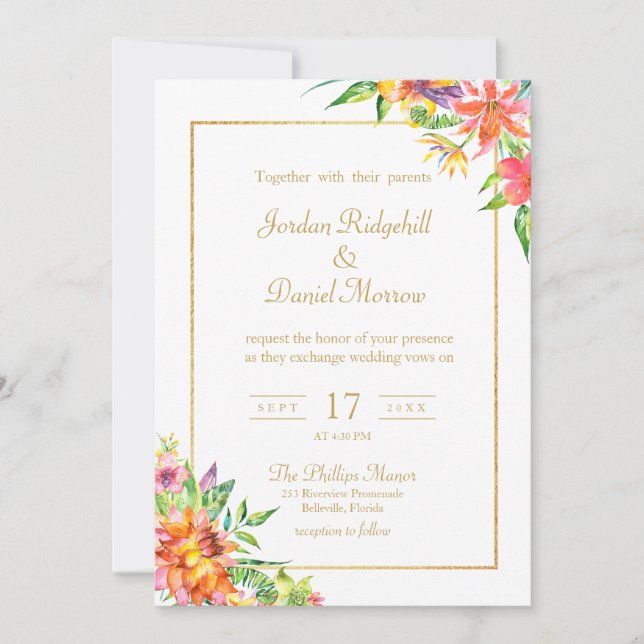 Tropical Floral Watercolor Chic Summer Wedding Invitation (Front)