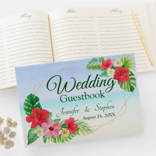 Tropical Floral Watercolor Gold Geometric Wedding Guest Book