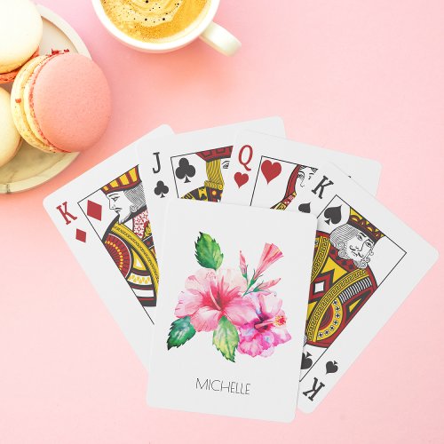 Tropical Floral Watercolor Hibiscus Personalized Poker Cards