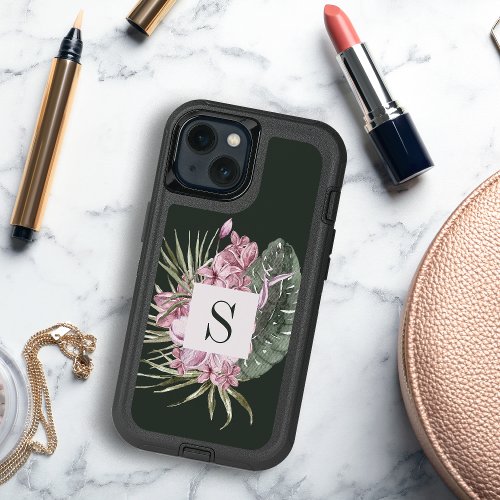 Tropical Floral Watercolor Initial Pink Dark Green iPhone 13 Case