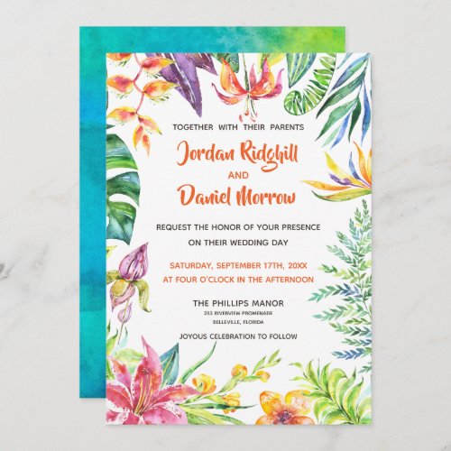 Tropical Floral Watercolor Modern Beach Wedding Invitation