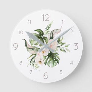 Tropical Floral Watercolor Palm Leaves and FLowers Round Clock