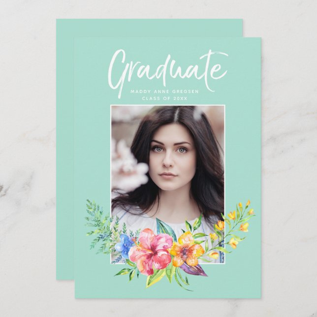 Tropical Floral Watercolor Photo Graduation Invitation (Front/Back)