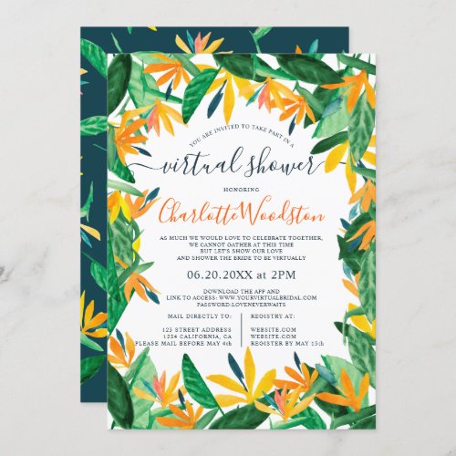 Tropical floral watercolor script virtual shower invitation