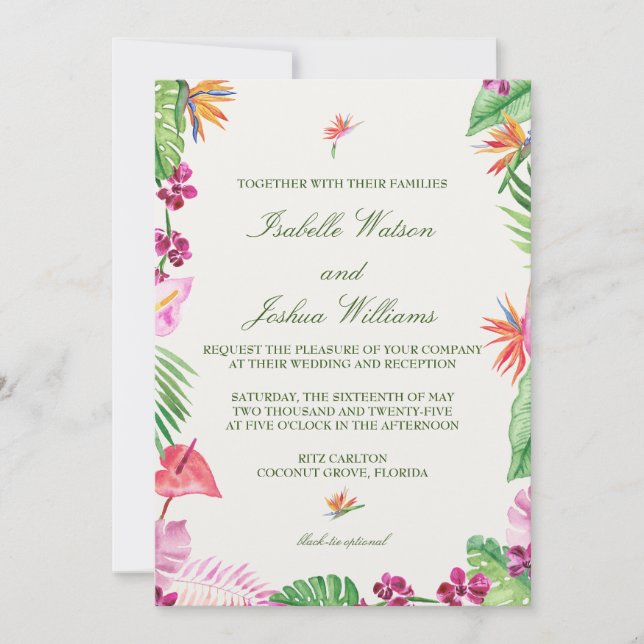 Tropical Floral Watercolor Wedding Invitation (Front)