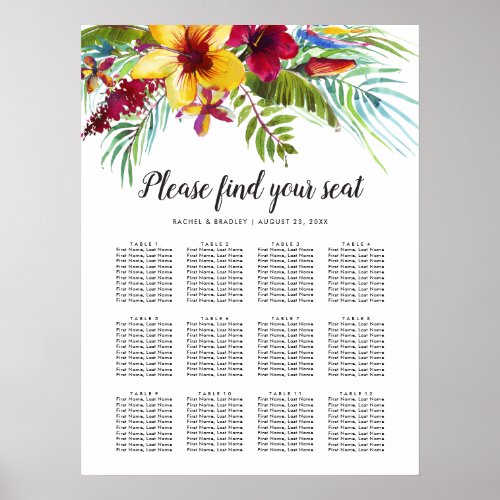 Tropical Floral Wedding 12 Table Seating Chart