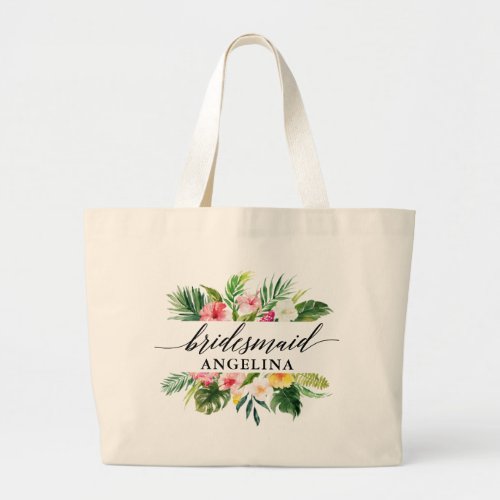 Tropical Floral Wedding Calligraphy Bridesmaid Large Tote Bag