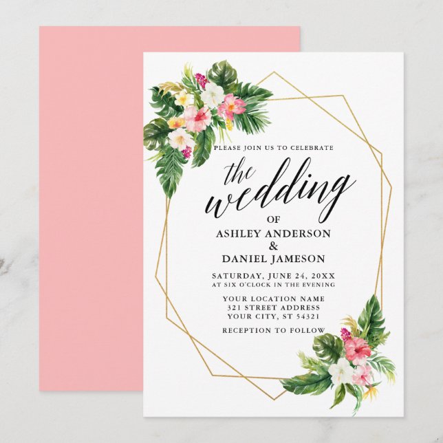 Tropical Floral Wedding Calligraphy Gold Frame Invitation (Front/Back)