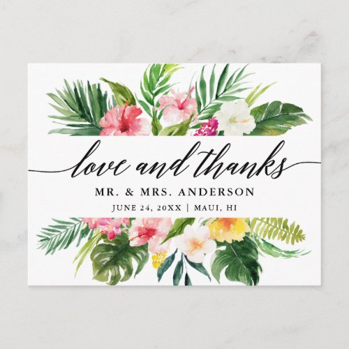 Tropical Floral Wedding Calligraphy Love Thanks Postcard