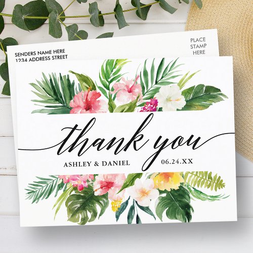 Tropical Floral Wedding Calligraphy Thank You Postcard