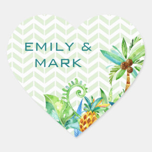 Tropical Floral Wedding Custom Heart Sticker