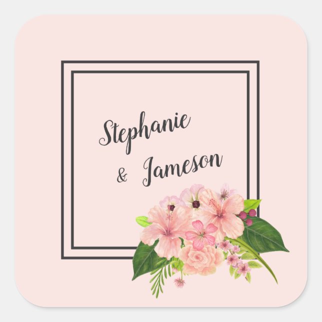 Tropical Floral Wedding Large Pink & Peach Square Sticker (Front)