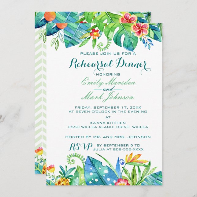 Tropical Floral Wedding Rehearsal Invitation (Front/Back)