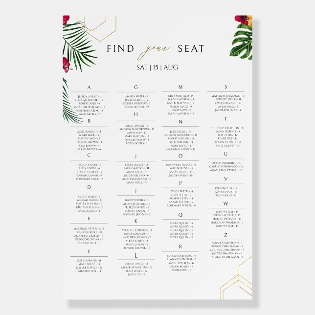 Tropical Floral Wedding Seating Chart Foam Board (Front)