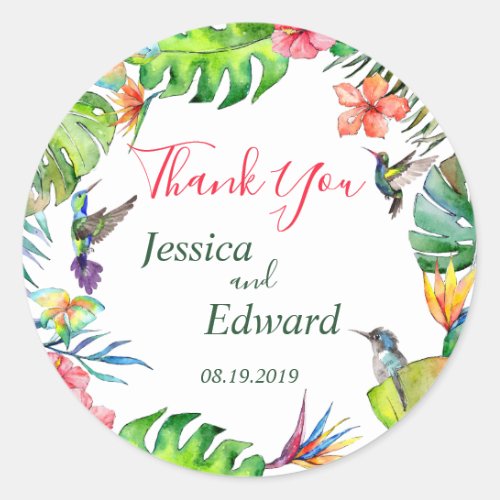 Tropical Floral Wedding Thank You Classic Round Sticker