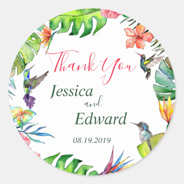 Tropical Floral Wedding Thank You Classic Round Sticker Zazzle